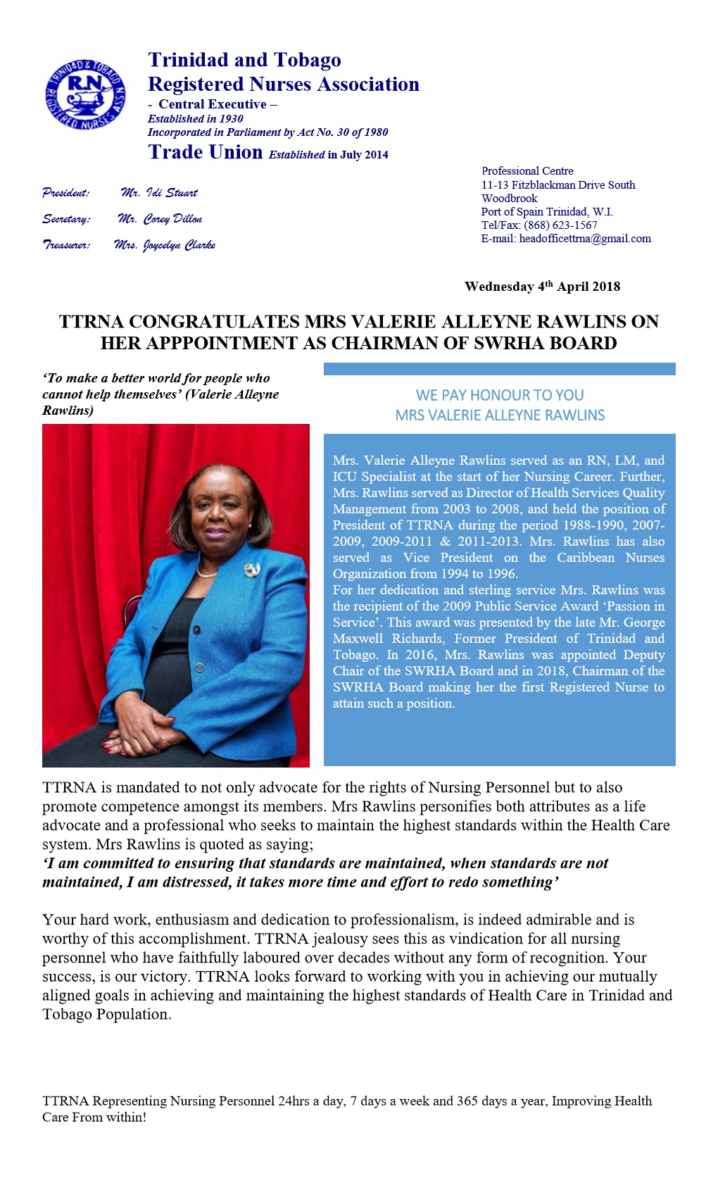 TTRNA Congratulates New Chairman of SWRHA Board Valerie Alleyne Rawlins