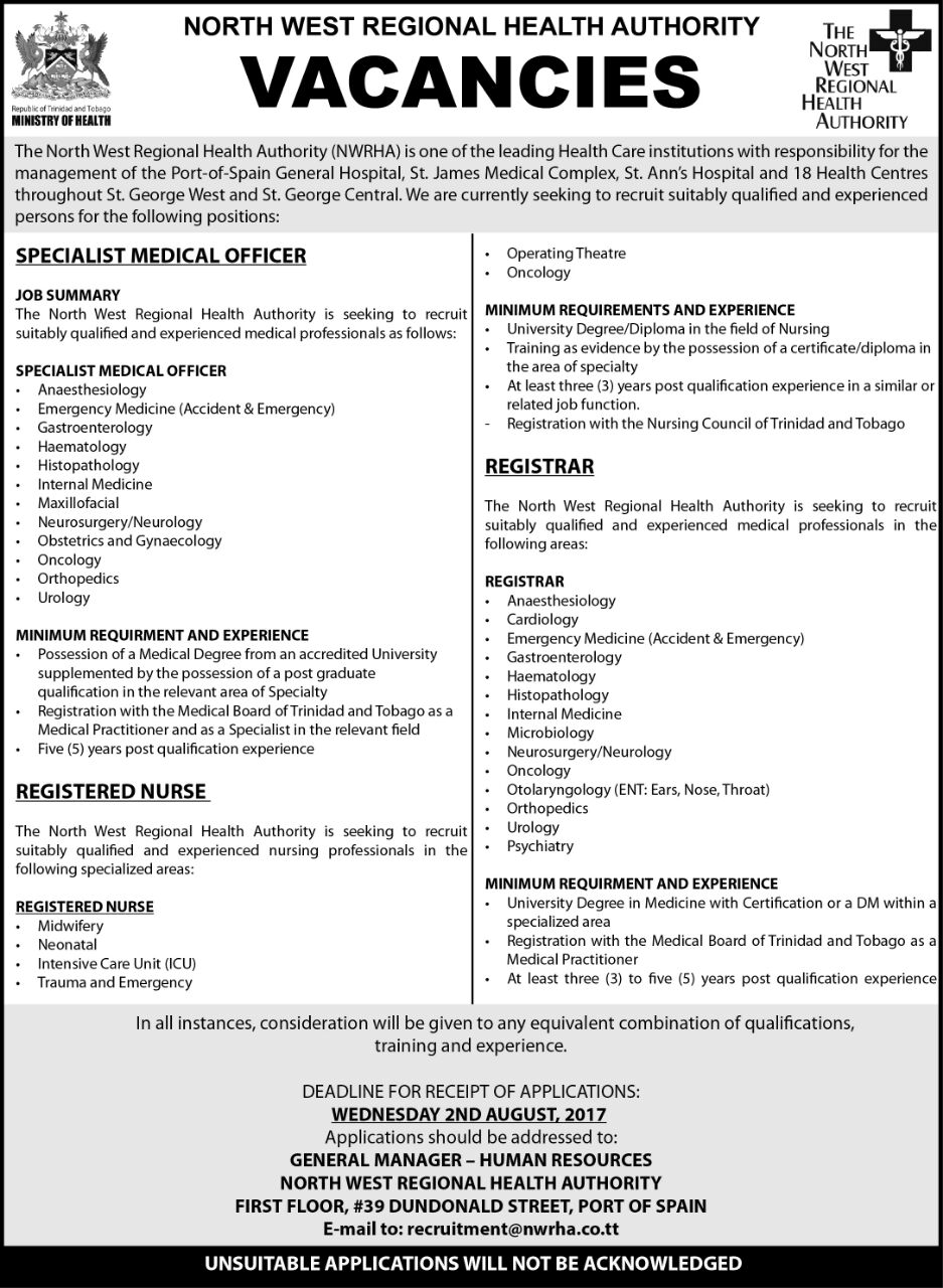 Vacancies NW Health Authority July 2017